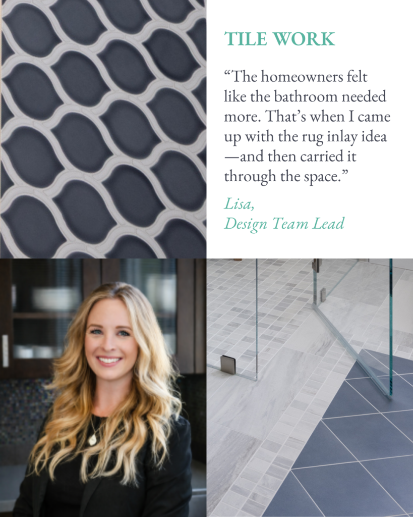 tiles from bathroom remodel with image of Gridley designer and a quote