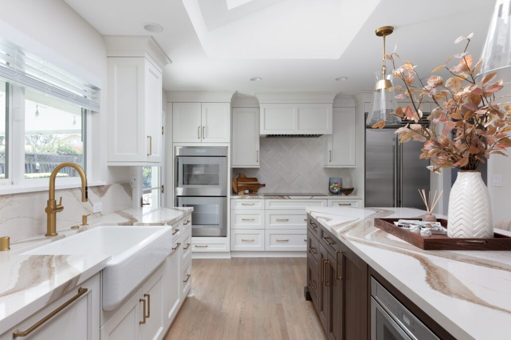 San Jose Kitchen Remodel with Cambria countertops, white cabinets and wood island