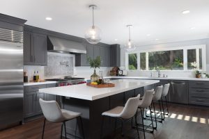 Los Gatos Kitchen Remodeled After with gray cabinets and large island
